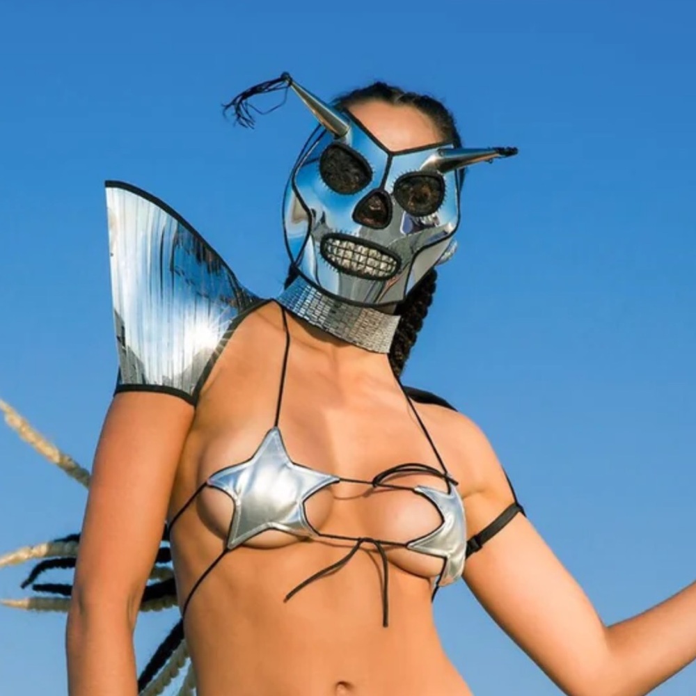 DIVAMP couture skull chrome horned Mask Burningman Demobaza